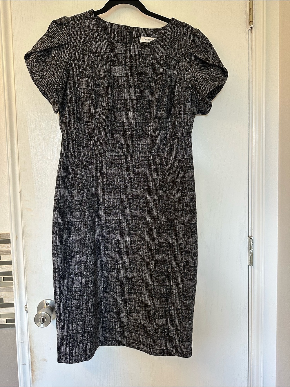Calvin Klein Black and Gray Textured Midi Sheath Dress